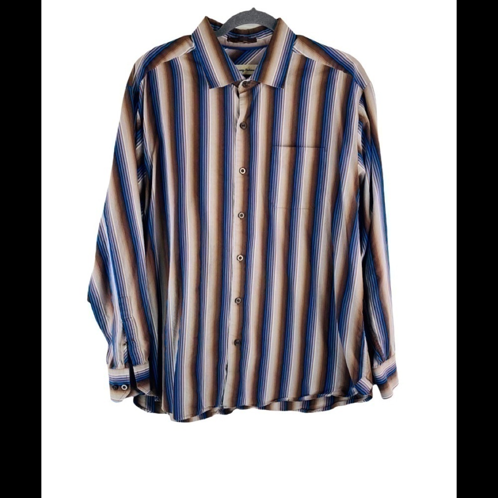 Tommy Bahama Men Blue Brown Stripes Button Down Shirt Size XL